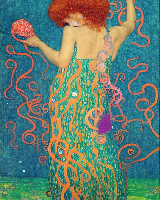 Prompt: a beautiful girl underwater wearing a colourful octopus as a dress and surrounded by colourful jellyfish, painted by gustave klimt, edgar maxence, edward hopper, wayne barlowe, james gilleard and james jean