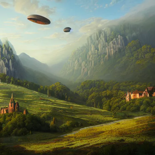 Image similar to Vast verdant empty flat valley surrounded by Transylvanian mountains with a huge zeppelin hovering above it, and a ruined medieval castle on the hillside in the background. No villages. Late evening light in the summer, gloomy weather. Hyperrealistic, high quality, sharp, highly detailed, peter mohrbacher, ansel adams.