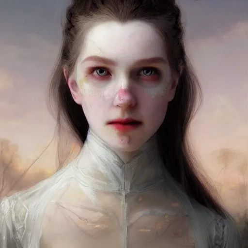 Prompt: portrait of young vampire princess, head only, realistic eyes, headshot, white hair, pale skin, 4k, rule of thirds, extreme detail, intricate illustration, trending artstation, cgsociety, hd, fantasy, realistic lighting, by Albert Bierstadt, Frederic Edwin Church.