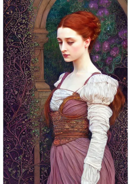 Image similar to sansa, intricate, elegant, highly detailed, digital painting, artstation, concept art, smooth, sharp focus, illustration, pre - raphaelite style, mucha, monet