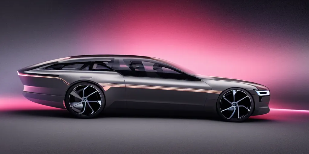 Image similar to a design of a futuristic Volvo, designed by Polestar and DMC, northern lights background, brushed rose gold car paint, black windows, dark show room, dramatic lighting, hyper realistic render, depth of field