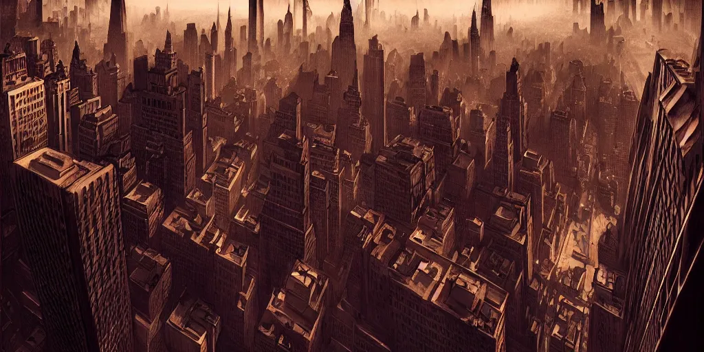Prompt: axonometric 1920s New York City at dusk, by Rolf Armstrong and Evelyn De Morgan and Bastien Lecouffe-Deharme, dramatic lighting, high contrast colors, baroque, empyrean, panoramic view, as trending on Artstation, highly detailed, doom engine,