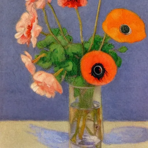 Image similar to light orange by gabriele munter, by william russell flint weary. a photograph of a group of anemones in a vase