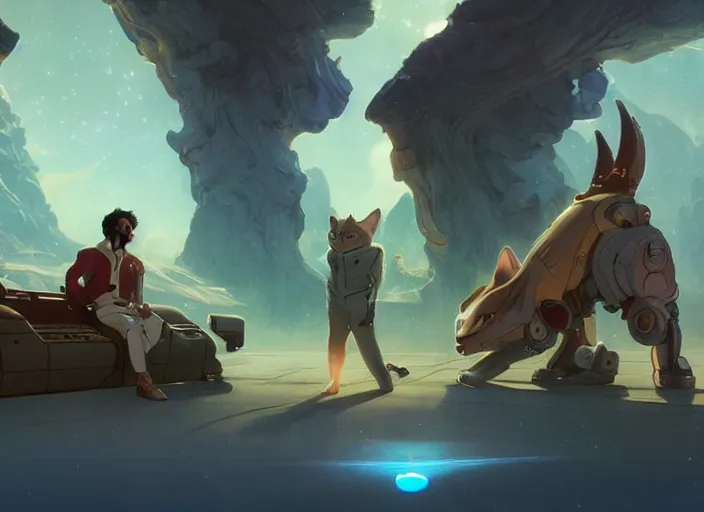 Image similar to a space handsome gay guys and their 1 0 pet space cats staring role in a musical sci - fi space opera ghibli animated film, volumetric lighting, octane render by stanley artgerm lau, greg rutkowski, thomas kindkade, alphonse mucha, loish, norman rockwel, 8 k greg rutkowski