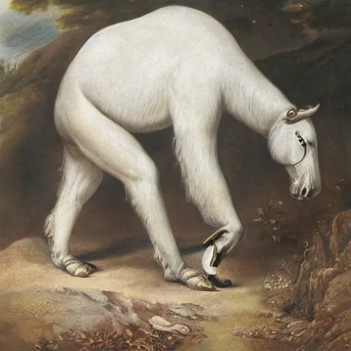 Prompt: A creature with a white ape on the upper body and black horse legs