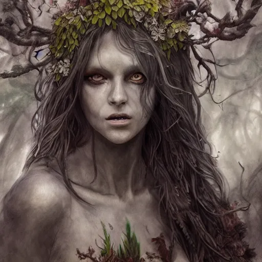 Prompt: high definition charcoal watercolor fantasy character art, hyper realistic, hyperrealism, elemental guardian of life, forest dryad, woody foliage, 8 k dop dof hdr fantasy character art, by aleski briclot and alexander'hollllow'fedosav and laura zalenga