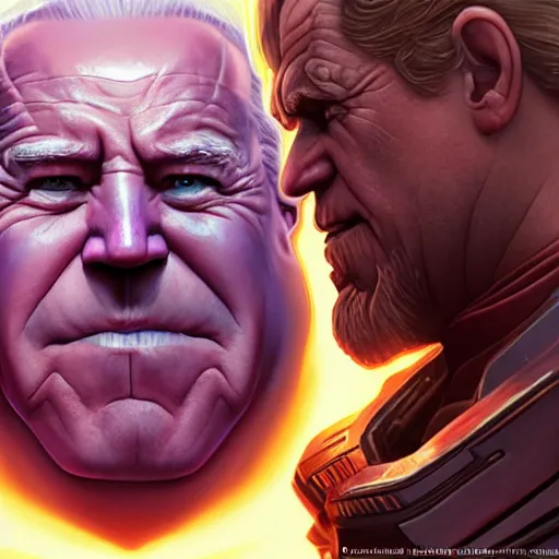 Prompt: joe biden is thanos vs trump, fantasy, high detail, elegant, digital painting, cinematic lighting, textured skin, highly detailed, artstation, unreal engine 5, breathtaking, illustration, ilya kuvshinov, nikolay makovsky