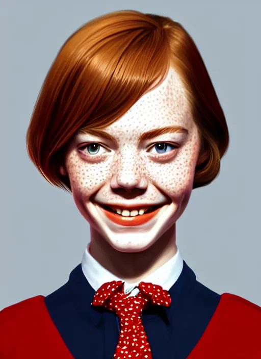 Image similar to portrait of teenage emma stone, freckles, middle part haircut, ginger hair, white shirt and red tie, smiling kindly, friendly, 1 9 7 0 s, intricate, elegant, glowing lights, highly detailed, digital painting, artstation, concept art, smooth, sharp focus, illustration, art by wlop, mars ravelo and greg rutkowski