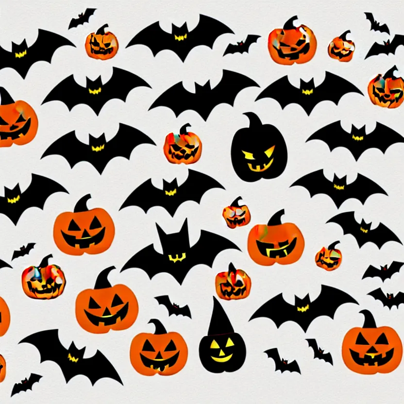 Image similar to extremely cute halloween 5 sticker set, adorable bat, witch, jacko lanterns, modern trendy clear background, 4 k,