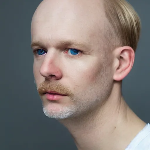 Prompt: photograph of a middle aged blue eyed, pale, light blond balding very short haired stereotypically English man with soft angelic but manly features, clean shaven
