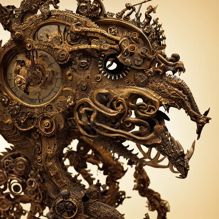 Image similar to highly detailed ancient clockwork artifact depicting a dragon made of bronze and ivory and encrusted with precious jewels, beautiful patina, ethereal, esoteric, zbrush sculpt, octane render, intricate, ornate, cinematic lighting, hyperrealistic, ancient steampunk vibe