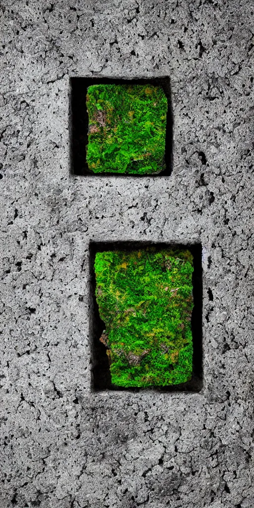 Image similar to a cast block of concrete. The block is centered in the frame and on a white background. The block is highly eroded. Moss is growing in the eroded crevices.