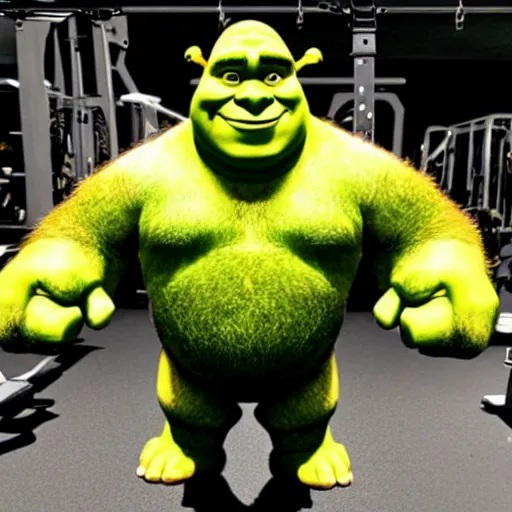 Image similar to shrek goes to the gym to get ripped