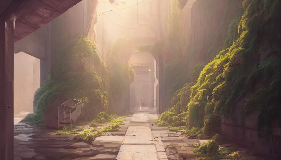 Prompt: A highly detailed matte oil painting of a hallway by Mokoto Shinkai, hyperrealistic, breathtaking, beautiful composition, by Artgerm, by beeple, by Studio Ghibli, volumetric lighting, octane render, 4K resolution, trending on artstation