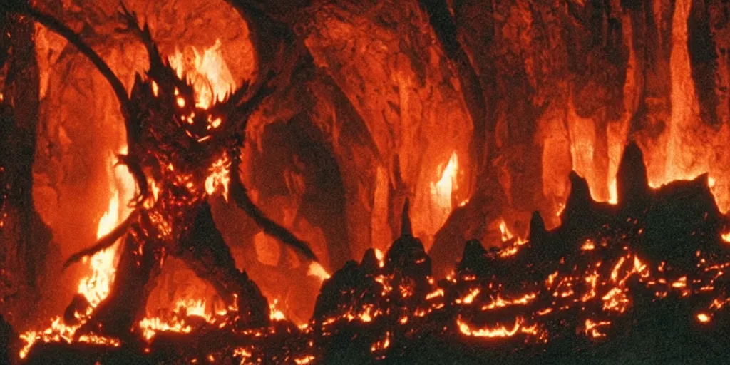 Image similar to A full color still from a Stanley Kubrick film featuring a Balrog made of flames in the fancy mines Moria, practical effects, 35mm, 1975