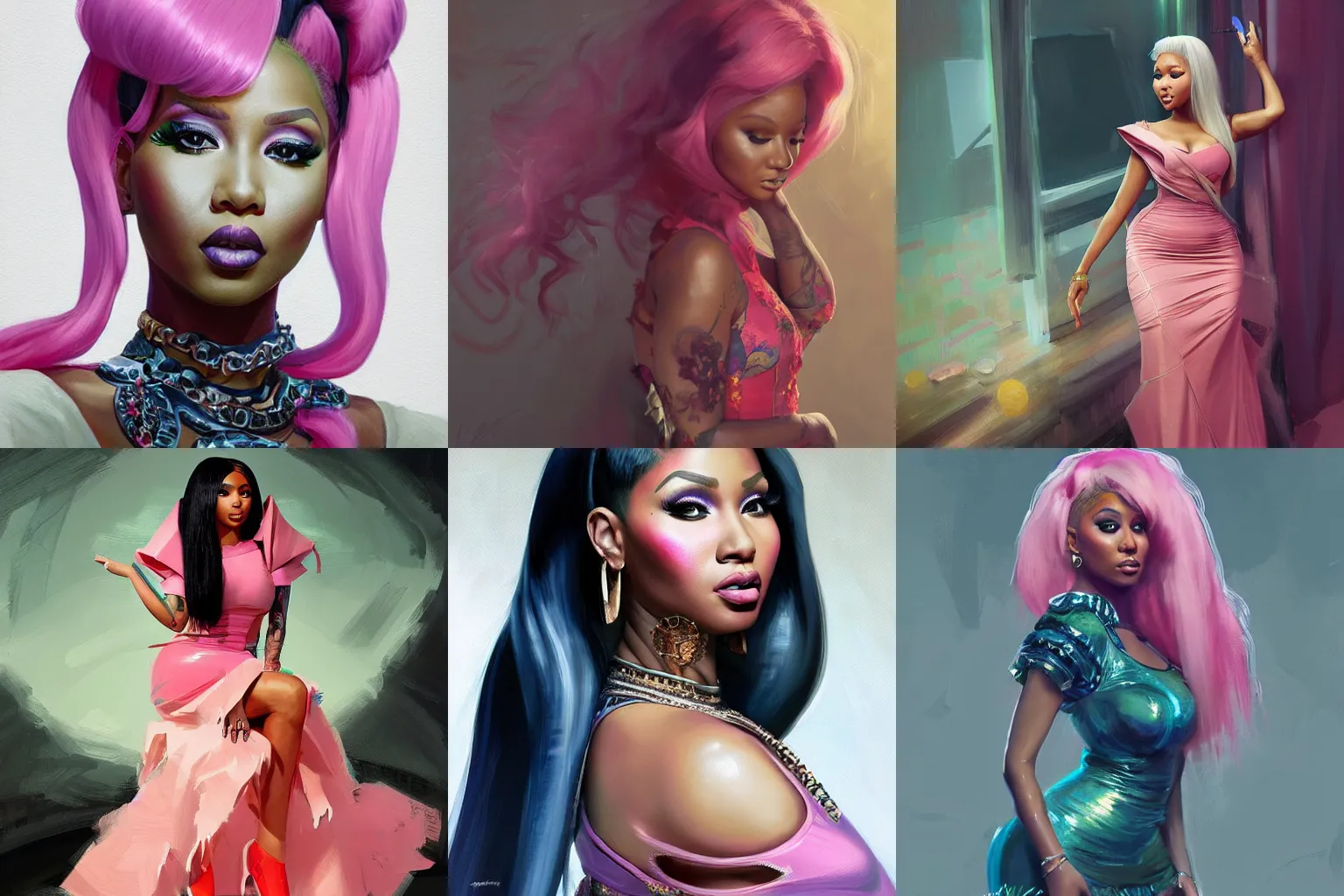 Prompt: a professional painting of Nicki Minaj, clothed in a cute dress, intricate, elegant, digital painting, concept art, smooth, sharp focus, illustration, by Ruan Jia and Mandy Jurgens and Artgerm and William-Adolphe Bouguerea