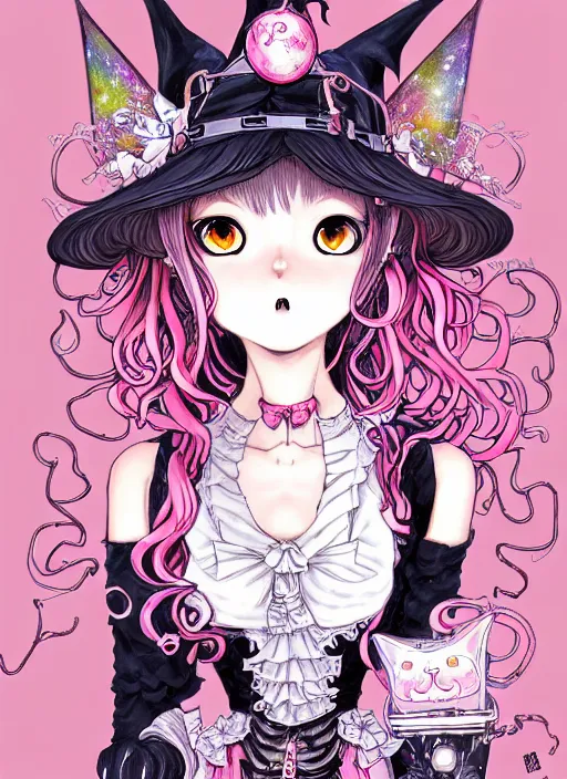 Image similar to dark fantastic manga character design of beautiful cat girl witch with a robot, pink curls hair, rococo dress, symmetrical face, cute, fairy, by mai yoneyama, takeshi obata, katsuhiro otomo, detailed background, illustration, artstation, concept art, highly detailed, colorful, maximalist