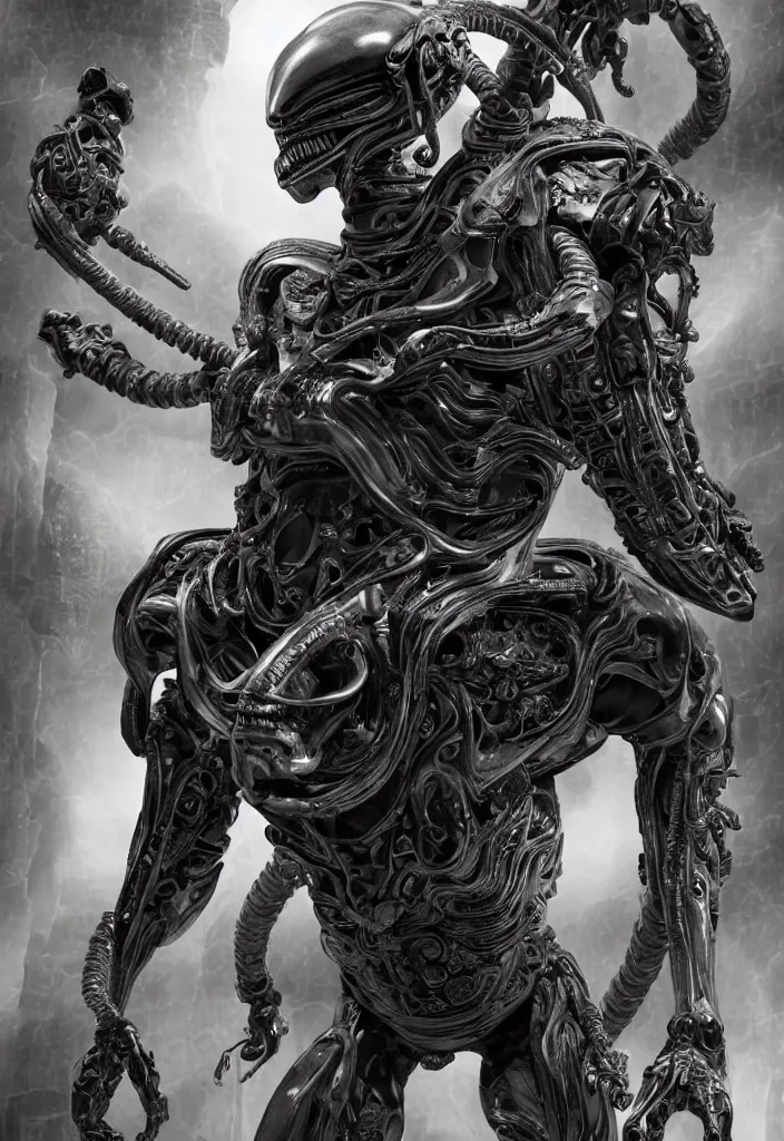 Image similar to engineer prometheus, xenomorph alien, highly detailed, symmetrical long head, smooth marble surfaces, detailed ink illustration, raiden metal gear, cinematic smooth stone, deep aesthetic, concept art, post process, 4k, carved marble texture and silk cloth, latex skin, highly ornate intricate details, prometheus, evil, moody lighting, hr geiger, hayao miyazaki, indsutrial Steampunk