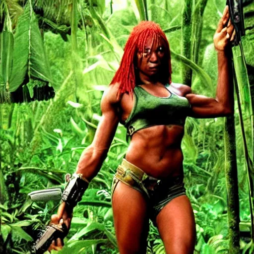 Image similar to Female predator version of the trophy hunter from the Predator Universe posing in the jungle