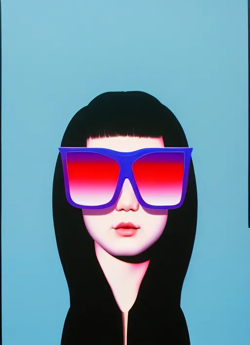 Image similar to cute girl with shades by shusei nagaoka, kaws, david rudnick, airbrush on canvas, pastell colours, cell shaded, 8 k