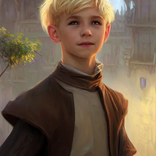 Image similar to portrait of a young boy wearing plain looking fantasy thief clothing in the slums of a fantasy city, blonde hair, d & d, fantasy, joyful smirk, intricate, elegant, highly detailed, digital painting, artstation, concept art, matte, sharp focus, illustration, art by artgerm and greg rutkowski and alphonse mucha
