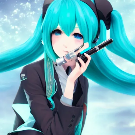 Image similar to hatsune miku smoking a vape pen, smoke coming out of her mouth, artstation, 4 k