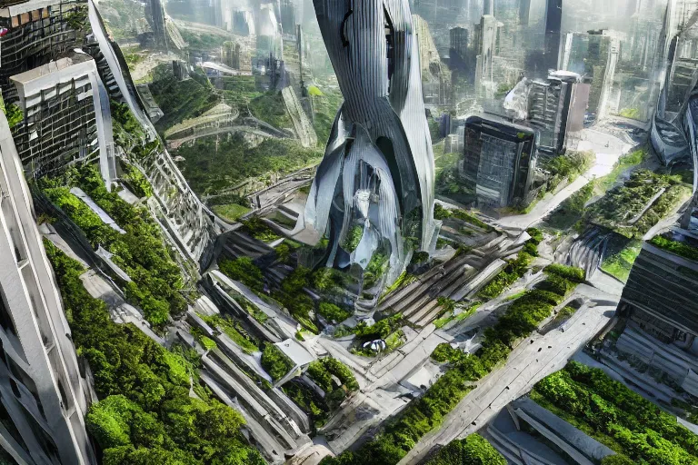 Prompt: birds eye view of a gigantic drift wood monster looming over a bright and lush futuristic city, video footage