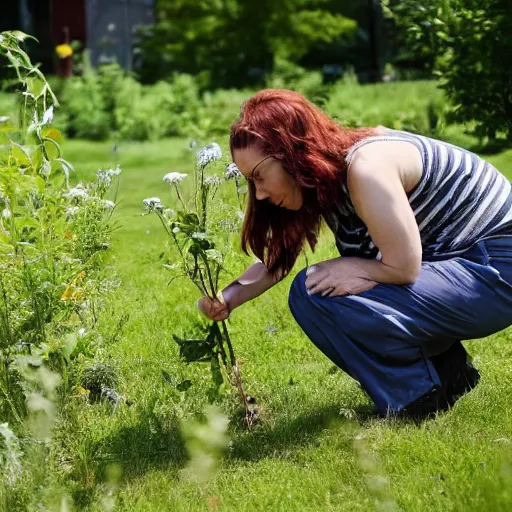 Image similar to a beautiful and mad canadian woman, on her knees, pulling weeds out frantically, some grey hair, stripey pants,