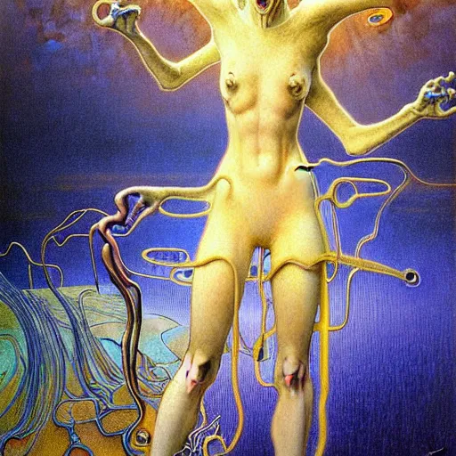 Image similar to realistic extremely detailed portrait painting of a blurry bizarre ghost, futuristic sci-fi landscape on background by Jean Delville, Amano, Yves Tanguy, Alphonse Mucha, Ernst Haeckel, Edward Robert Hughes, Roger Dean, rich moody colours, blue eyes