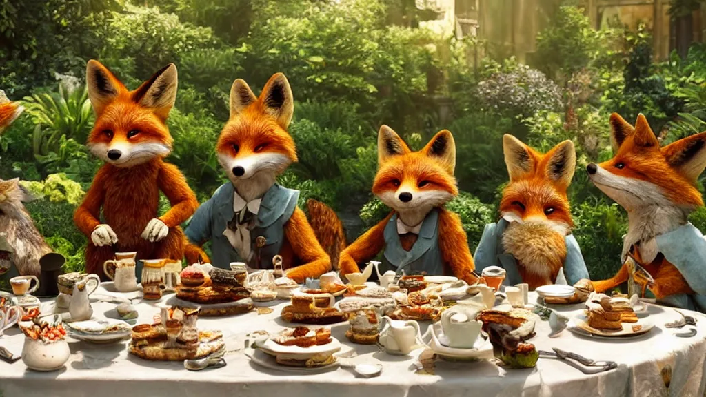 Prompt: film still from the movie chappie outdoor park plants garden scene bokeh depth of field several figures sitting down at a table having a delicious grand victorian tea party crumpets furry anthro anthropomorphic stylized fox foxes