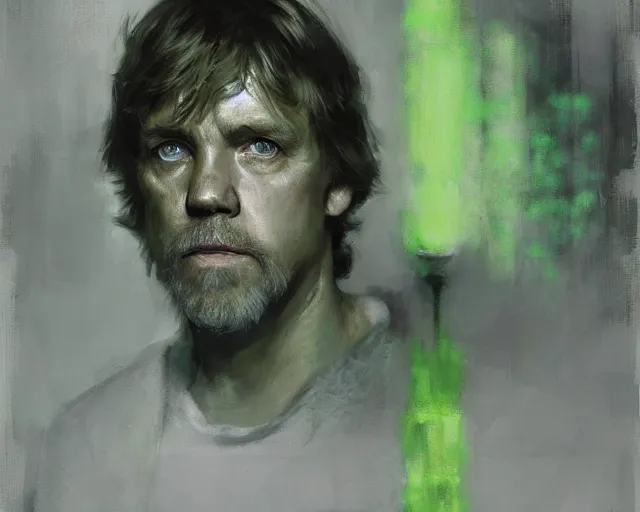 Prompt: portrait of luke skywalker in shades of grey but with green by jeremy mann