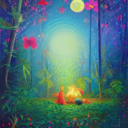 Image similar to a beautiful painting of an enchanted forest full of tropical flowers and fireflies, by agnes lawrence pelton, trending on artstation