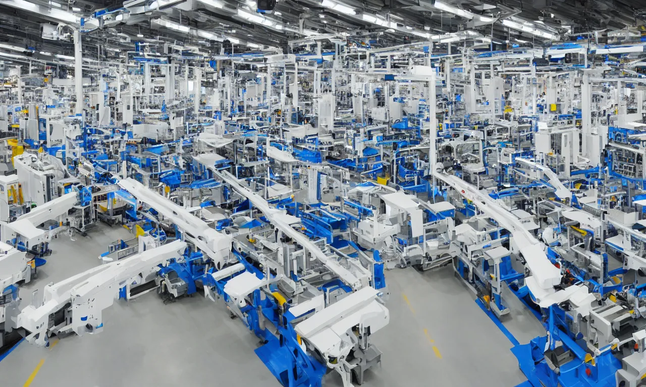 Prompt: modern automated production line with big robotic arms, one row, white, bright, technology, straight on, straight camera view