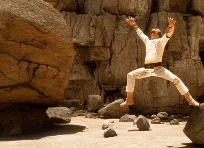 Image similar to epic still of Luke Skywalker using the force to levitate rocks above the ground in the air, ancient temple, from the 1980s film directed by Stanley Kubrick, cinematic lighting, kodak, strange, hyper real, stunning moody cinematography, with anamorphic lenses, crisp, detailed portrait, 4k image