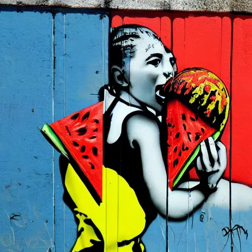 Prompt: noa kirel eats a watermelon, graffiti, photograph, made by banksy, yellow and brown colors, spray brush, midday, sunny, professional