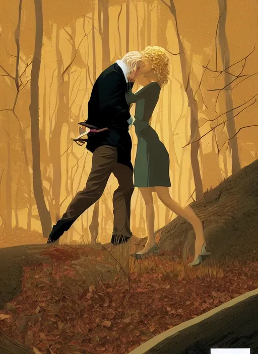 Image similar to poster artwork by Michael Whelan and Tomer Hanuka, Karol Bak of Naomi Watts & Philip Seymour Hoffman falling in love, from scene from Twin Peaks, clean, simple illustration, nostalgic, domestic, full of details