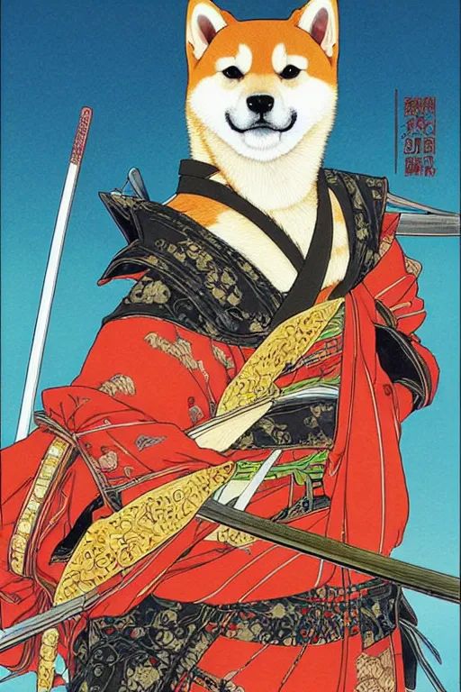 Image similar to poster of a shiba inu as a samurai, by yoichi hatakenaka, masamune shirow, josan gonzales and dan mumford, ayami kojima, takato yamamoto, barclay shaw, karol bak, yukito kishiro