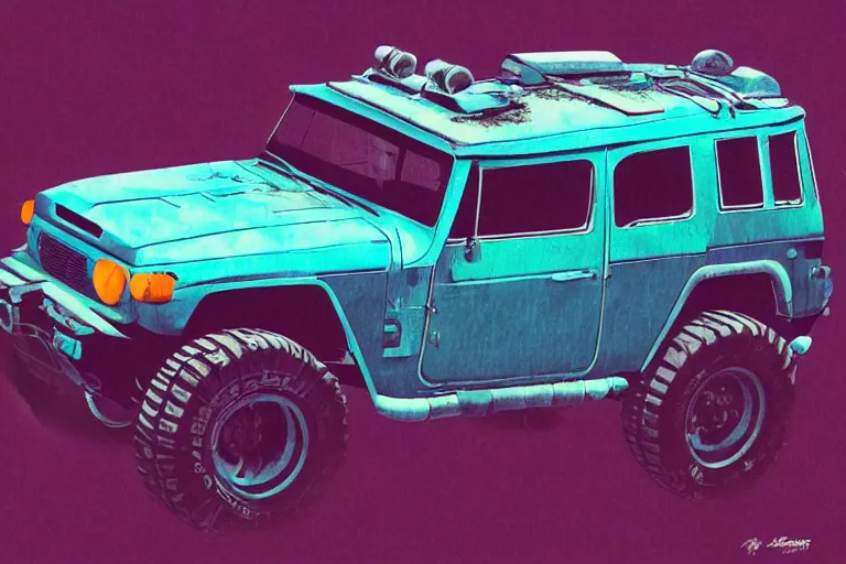 Image similar to digital illustration of a futuristic faded cyan mad max's fj 4 0 decrepit!!!! pursuit special, rusty!!! cyberpunk nissan fj cruiser heavily modded 1 9 9 0 s, the last v 8 interceptor by makoto shinkai, ilya kuvshinov, lois van baarle, rossdraws, basquiat