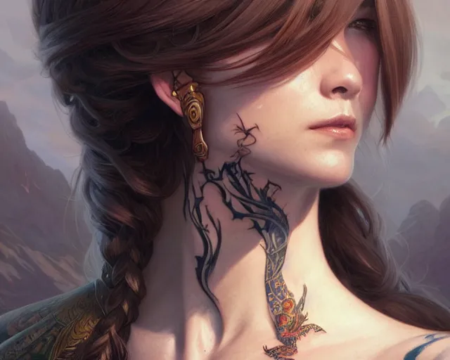 Image similar to neck tattoo, deep focus, d & d, fantasy, intricate, elegant, highly detailed, digital painting, artstation, concept art, matte, sharp focus, illustration, hearthstone, art by artgerm and greg rutkowski and alphonse mucha