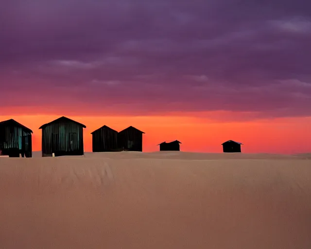 Image similar to sand dunes, empty abandoned shacks, setting sun, black, purple, and red