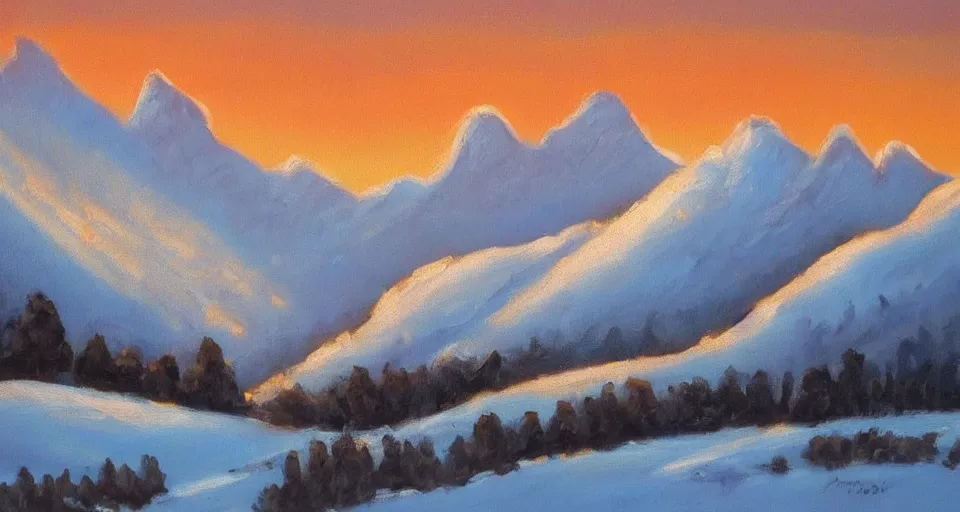 Image similar to landscape painting of snowy mountains at sunset, beautiful painting, oil on canvas, golden hour, by Ewa Czarniecka, award winning masterpiece,