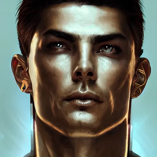 Image similar to Portrait of cyberpunk Cristiano Ronaldo, face, fantasy, intricate, elegant, highly detailed, digital painting, artstation, concept art, smooth, sharp focus, illustration, art by artgerm and greg rutkowski and alphonse mucha