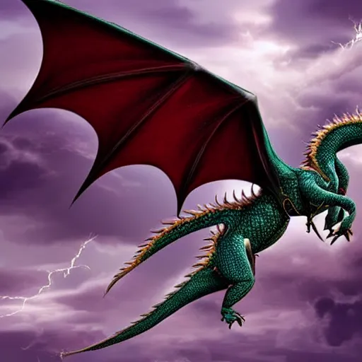 Image similar to A detailed and beautiful dragon flying surrounded by clouds and lightning in the sky with wings spread wide, 8k, hyper realistic