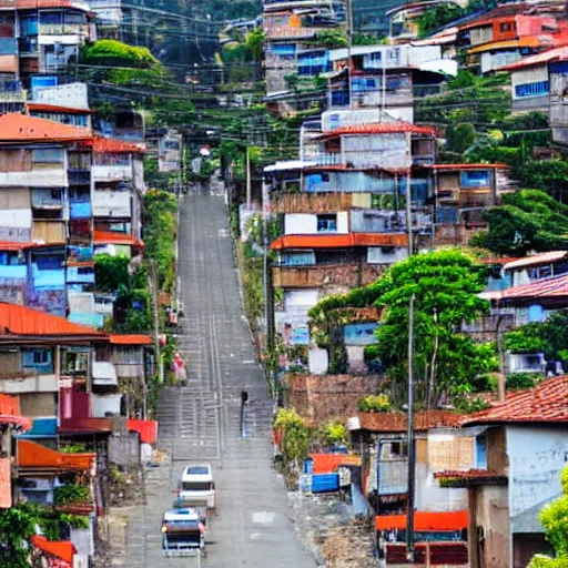 Prompt: a urbanized favela, nice street, trees on the sidewalks, no wires over the city, nice cars in the street, joyful people