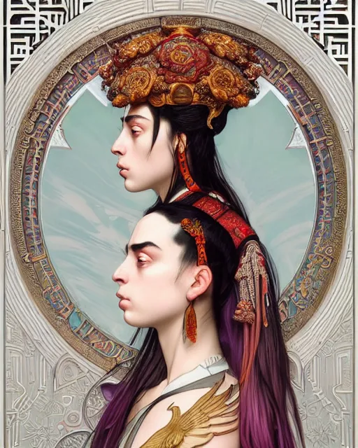 Image similar to portrait of a turkish masculine female billie eilish cyberpunk machine, machine face, full body portrait, decorated with ottoman opera motifs, muscular, asian, fine china, wuxia, traditional chinese art, intricate intense elegant, highly detailed symmetry headpiece digital painting artstation concept art smooth sharp focus illustration, art by artgerm and greg rutkowski alphonse mucha 8 k