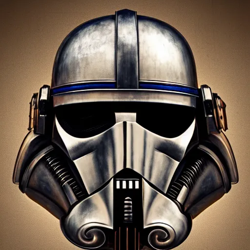 Prompt: bust portrait of a knight, high detail, silver, cobalt, copper, steel, helmet, ornate decoration, gold trim, storm trooper, tubes, pipes, valves, clock work, diffused lighting, runic etching, nordic runes, mandalorian, darth revan, star wars, octane, unreal 5