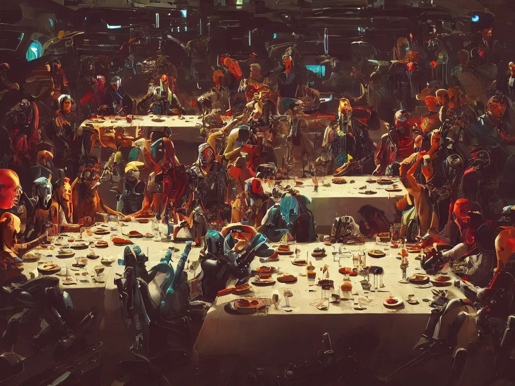 Image similar to a futuristic version of the last supper with punks, criminals and robots in a painting from stalenhag, 4 k, 8 k, hdr, artstation, concept art