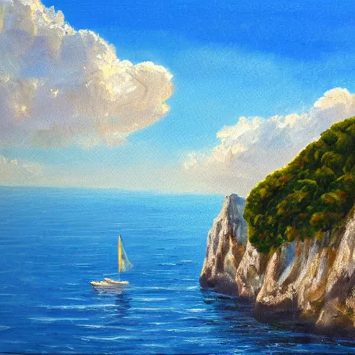 Prompt: italy, capri coast, sea, sunny day, summer, sailing boat, clouds on the sky, oil painting style,