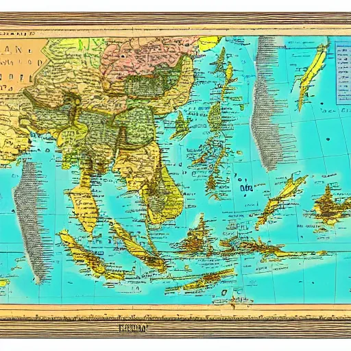 Image similar to isometric view of mainland southeast asia, geographic map, high - detail, high accuracy, in style of old map, fantasy,