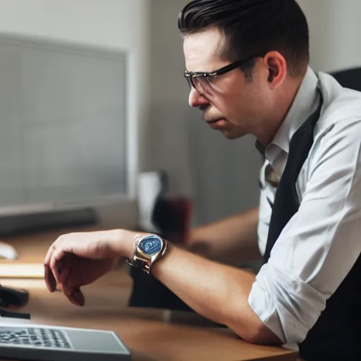 Prompt: annoyed man waiting for a friend in front of a computer pointing on his watch